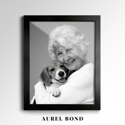 Custom Human & Pet Portrait Elegant Black & White Embrace Portrait - Personalized High-Resolution Matte Print for Wall Art, Home Decor, or Unique Gifts for Pet Lovers (Frame Not Included)