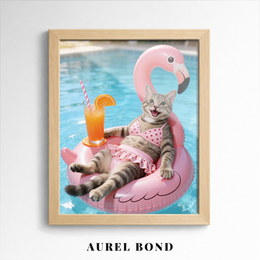 Custom Pet Poster Pink Paradise Float Portrait – Personalized High-Resolution Matte Print for Wall Art, Home Decor, or Unique Gifts for Pet Lovers (Frame Not Included)