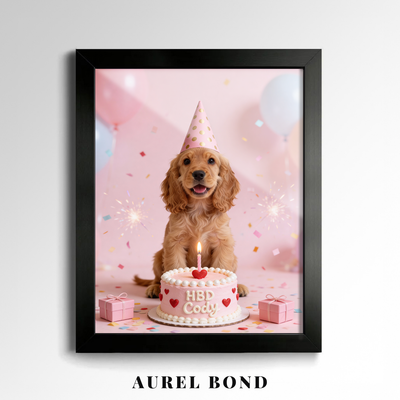 Custom Pet Poster Birthday Celebration Portrait with Pink Background – Personalized High-Resolution Matte Print for Wall Art, Home Decor, or Unique Gifts for Pet Lovers (Frame Not Included)