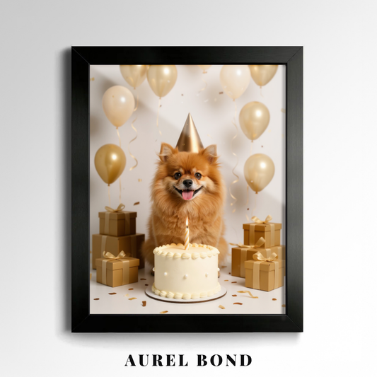 Custom Pet Poster Birthday Celebration Portrait with Beige Background – Personalized High-Resolution Matte Print for Wall Art, Home Decor, or Unique Gifts for Pet Lovers (Frame Not Included)