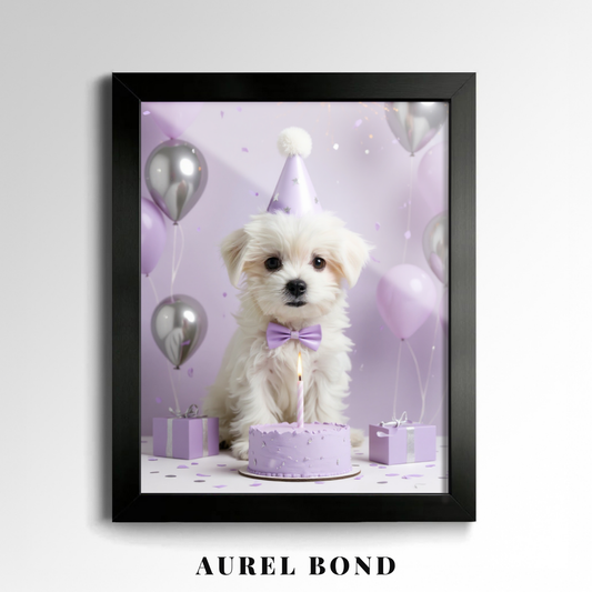 Custom Pet Poster Birthday Celebration Portrait with Purple Background – Personalized High-Resolution Matte Print for Wall Art, Home Decor, or Unique Gifts for Pet Lovers (Frame Not Included)